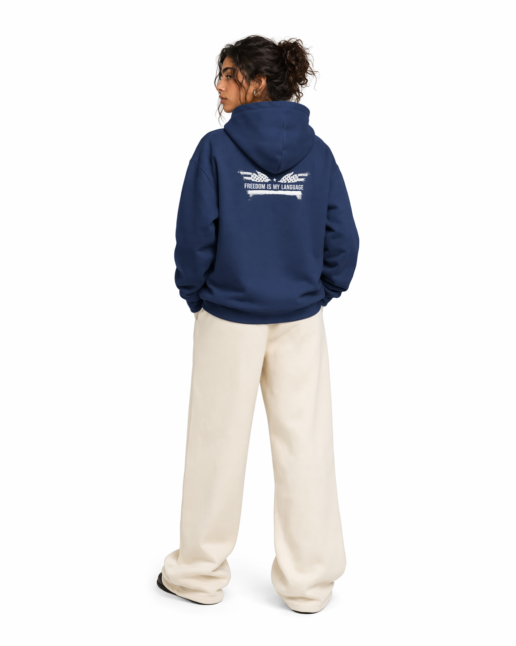 The Architect Hoodie Winged Liberty in Navy, worn, back
