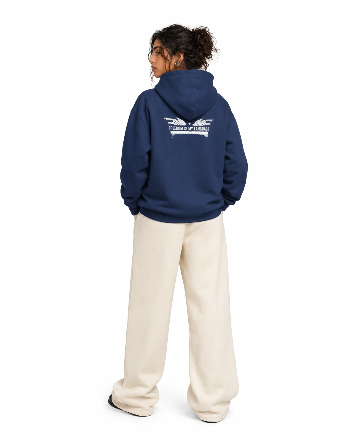 The Architect Hoodie Winged Liberty in Navy, worn, back