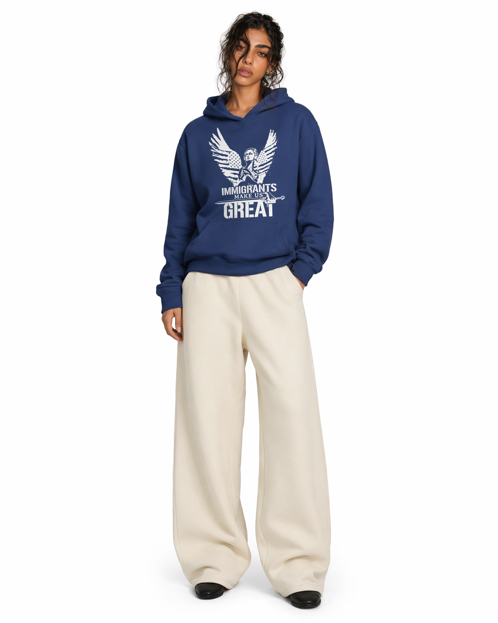 The Architect Hoodie Winged Liberty in Navy, worn, front
