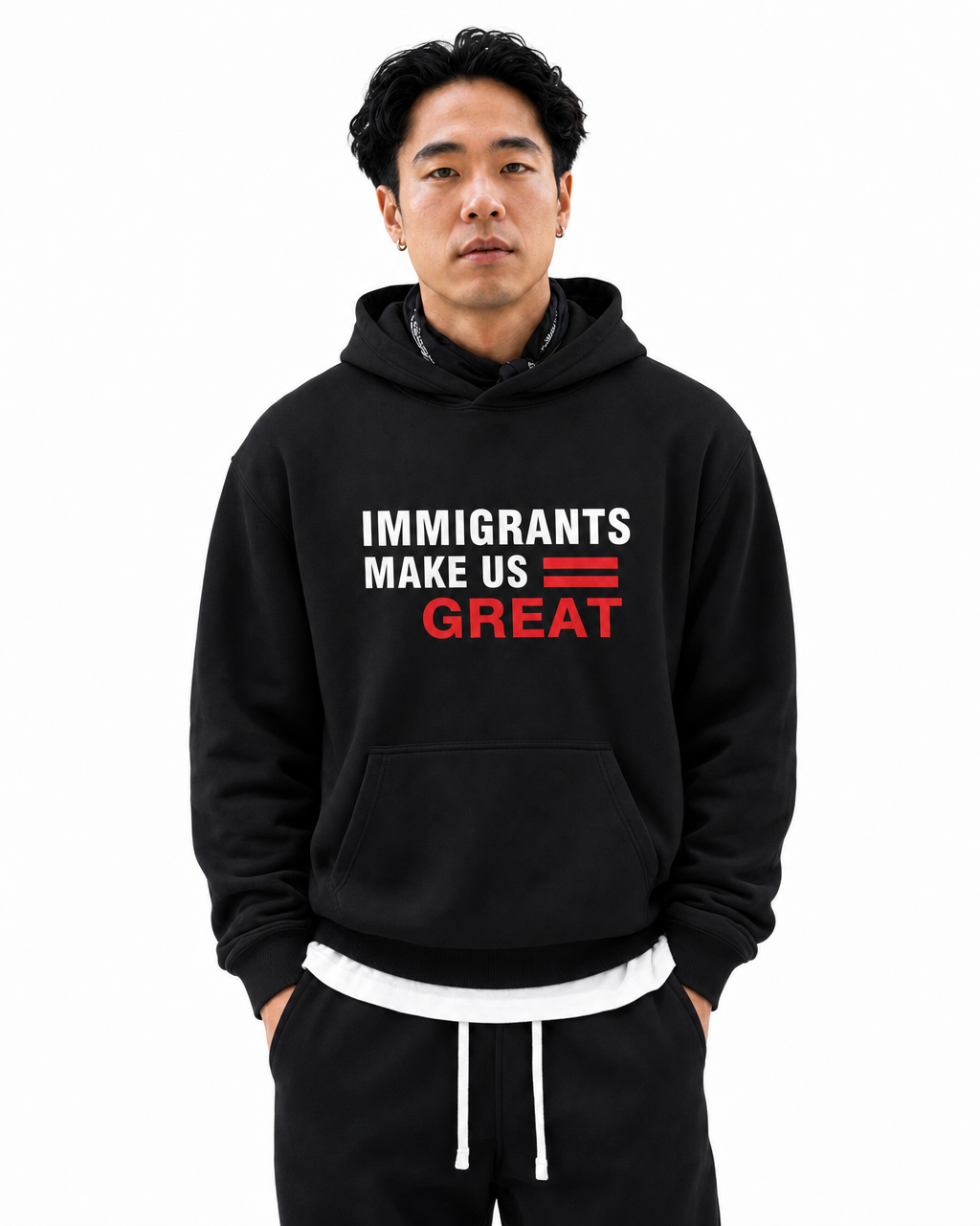 The Architect Hoodie Decree in Onyx Black, worn, chest detail