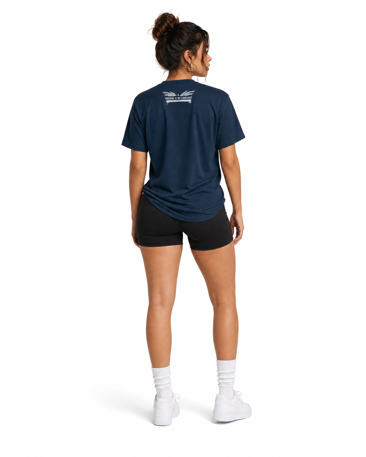 The Foundation Tee Winged Liberty in Navy, worn, back