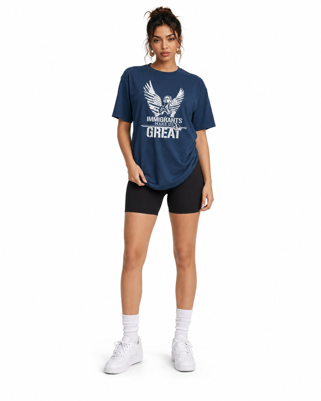 The Foundation Tee Winged Liberty in Navy, worn, front