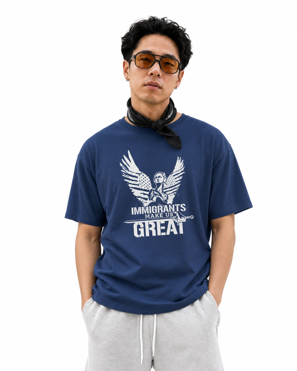 The Foundation Tee Winged Liberty in Navy, worn, chest detail
