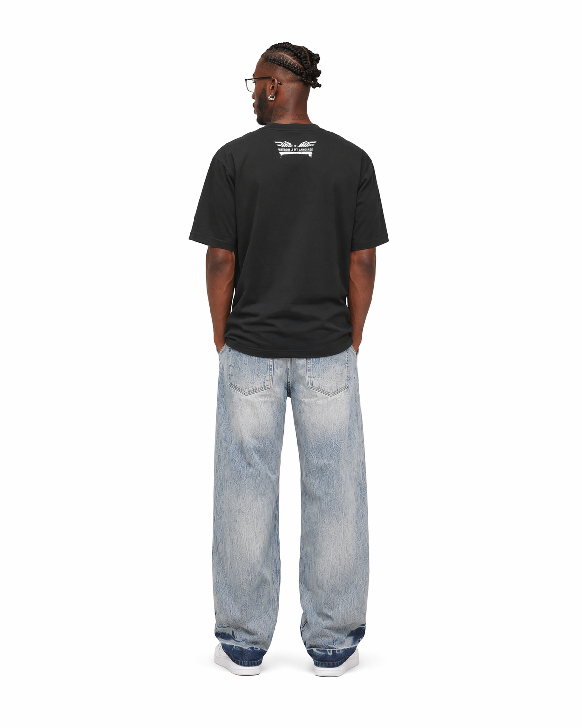 The Foundation Tee Decree in Onyx Black, worn, back