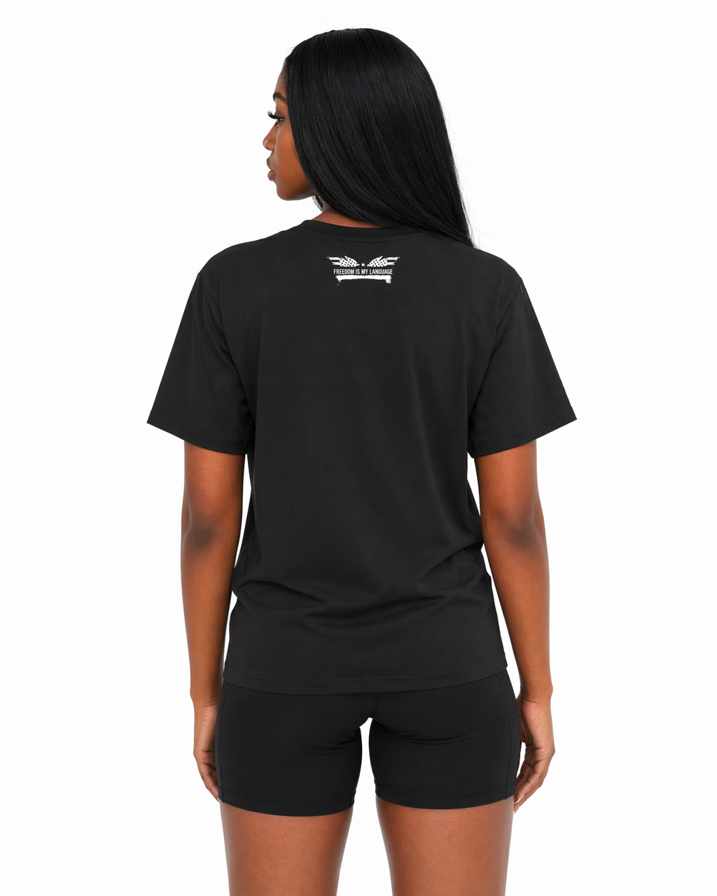 The Foundation Tee Decree in Onyx Black, worn, back