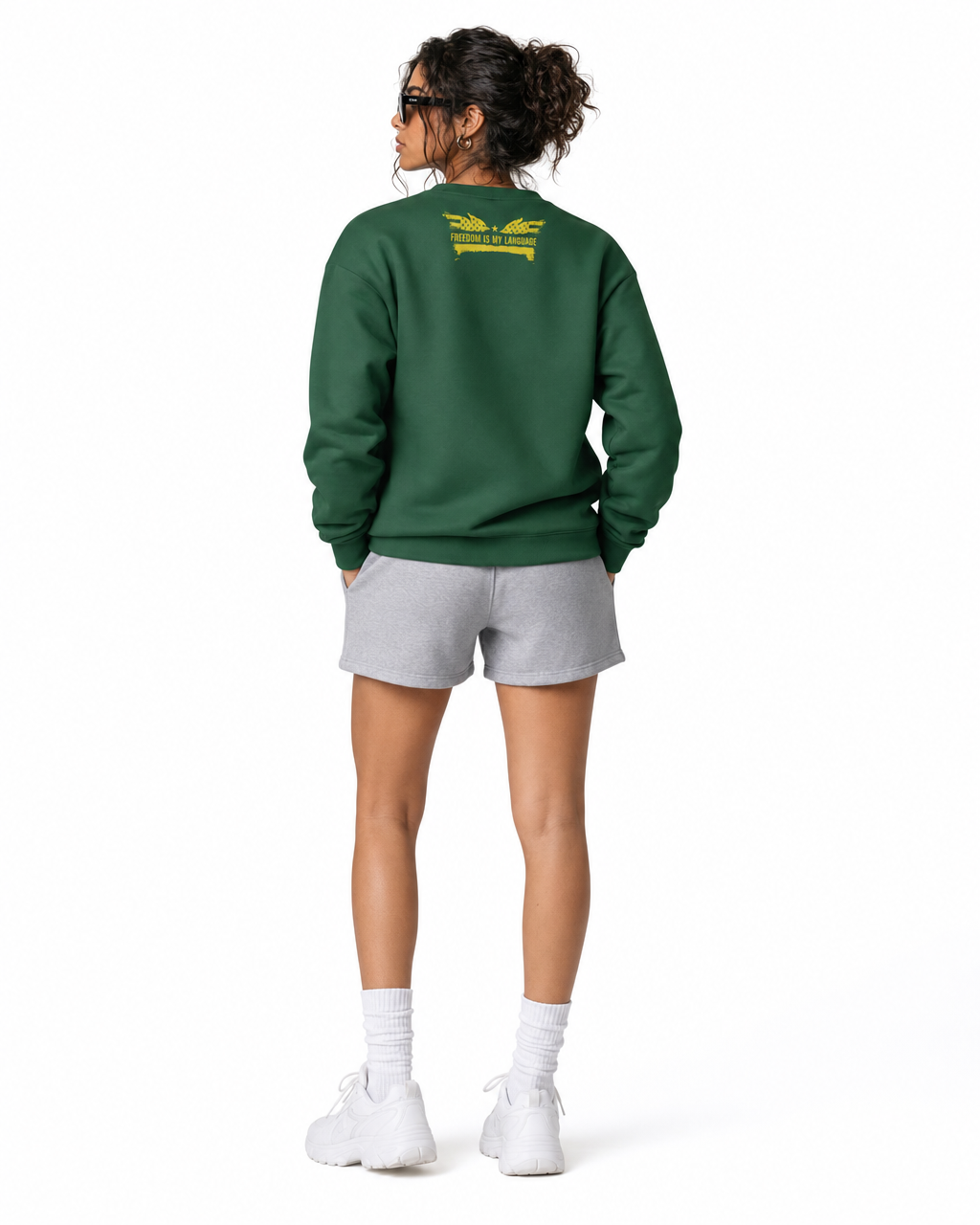 The Sovereign Crewneck Vanguard in Legacy Green, worn, back