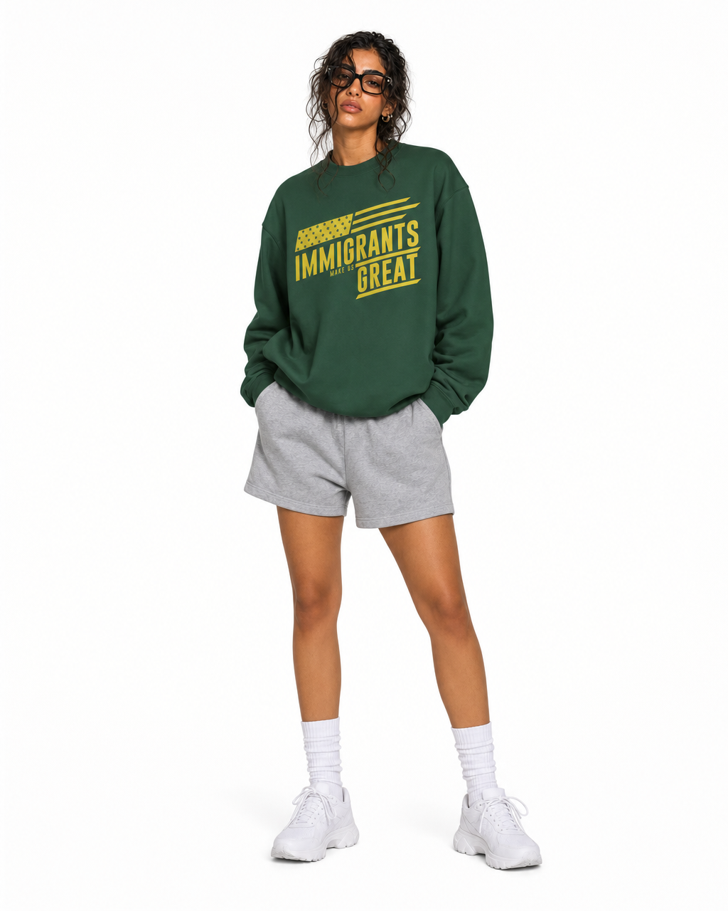 The Sovereign Crewneck Vanguard in Legacy Green, worn, front