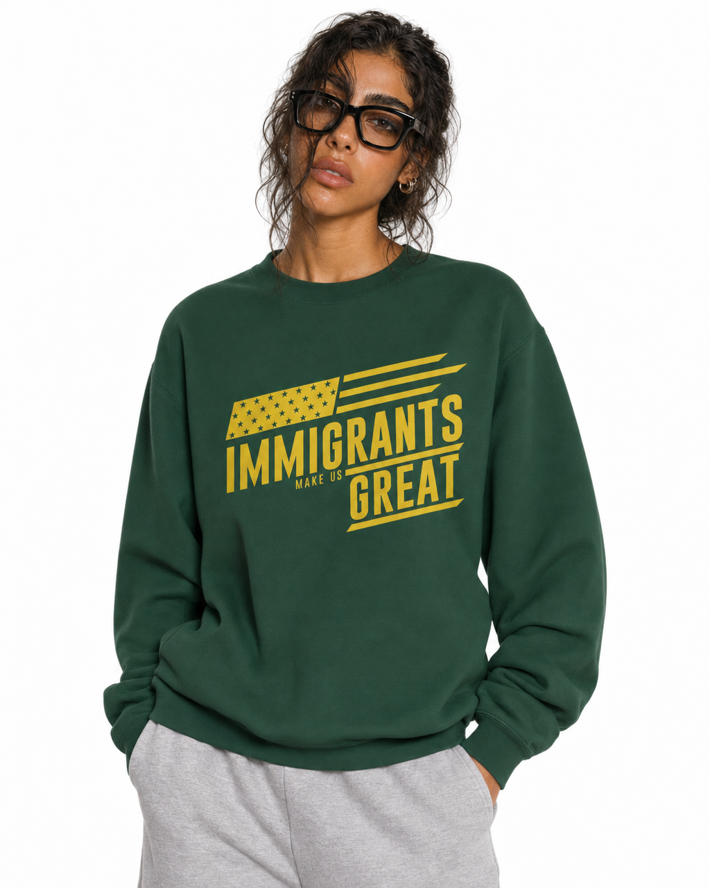 The Sovereign Crewneck Vanguard in Legacy Green, worn, chest detail