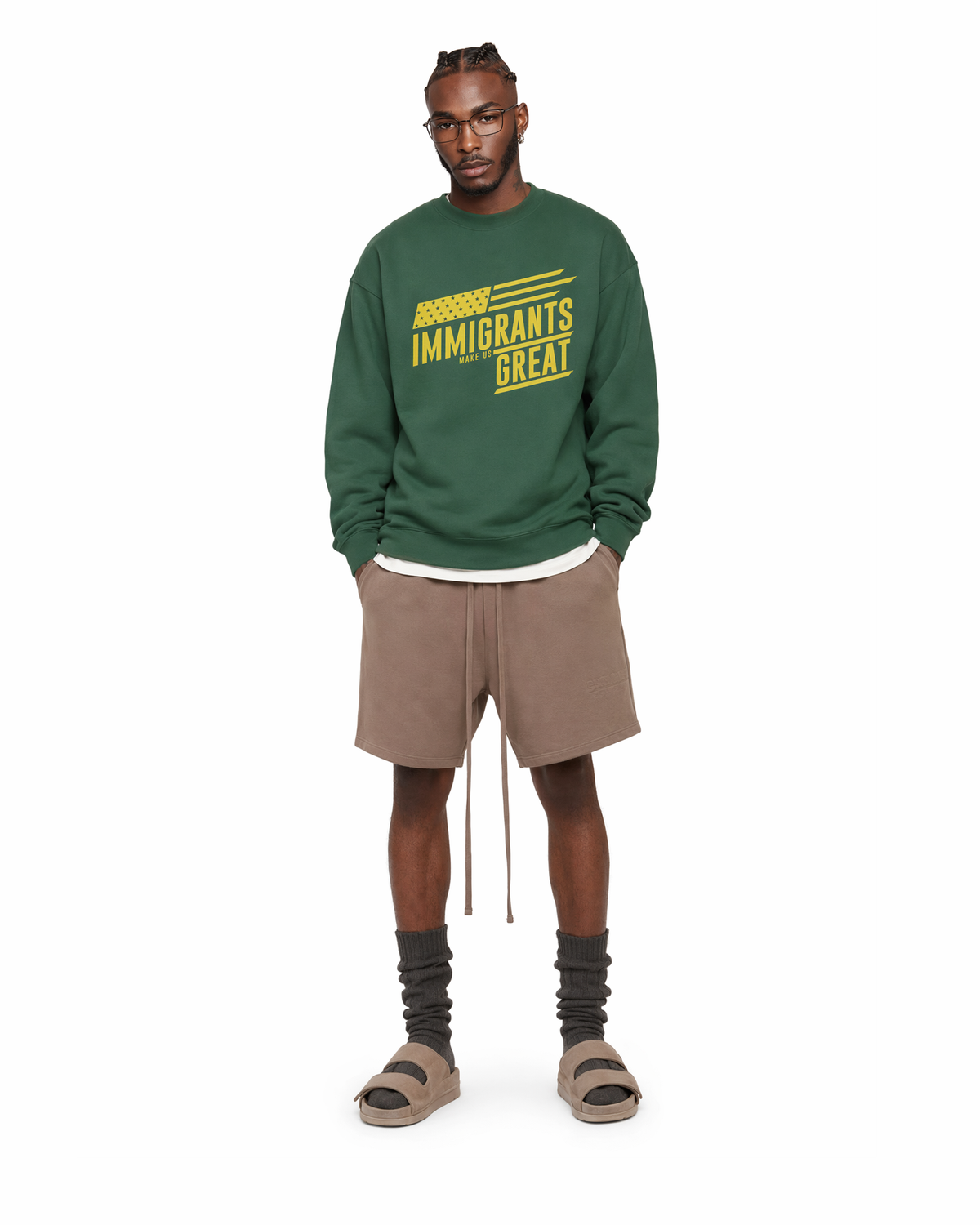 The Sovereign Crewneck Vanguard in Legacy Green, worn, front