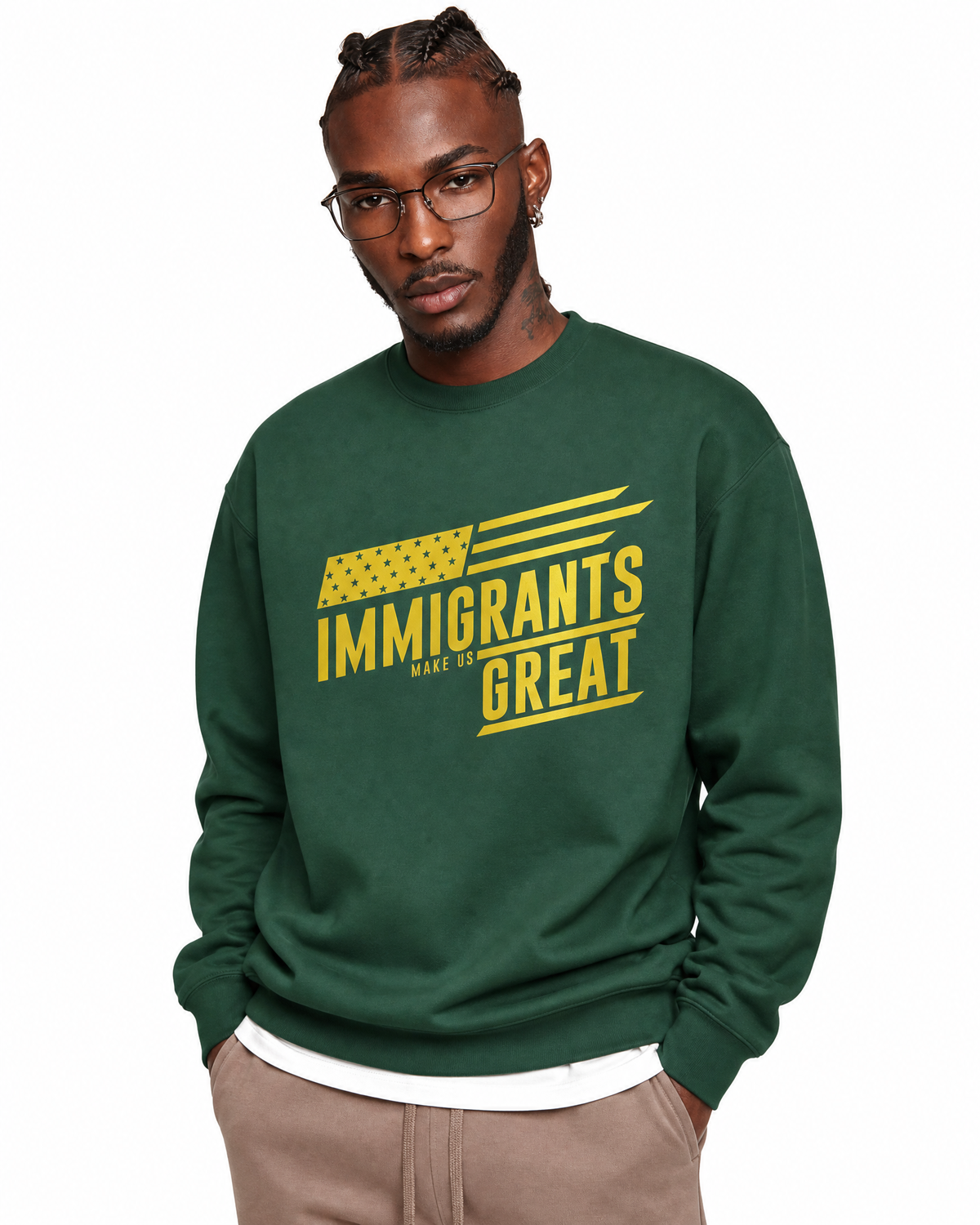 The Sovereign Crewneck Vanguard in Legacy Green, worn, chest detail