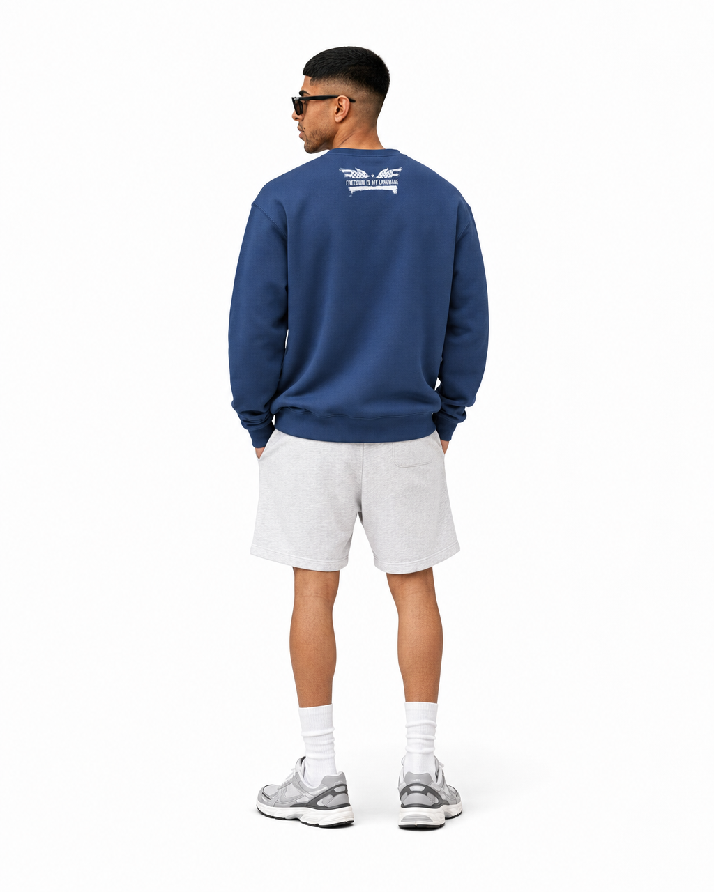 The Sovereign Crewneck Winged Liberty in Navy, worn, back