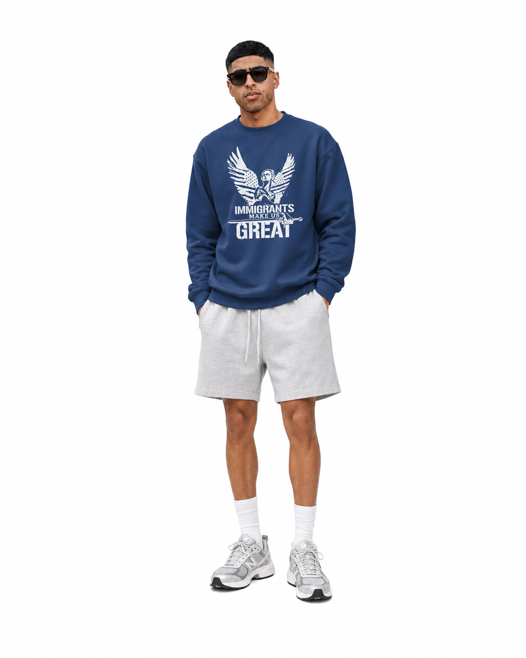 The Sovereign Crewneck Winged Liberty in Navy, worn, front