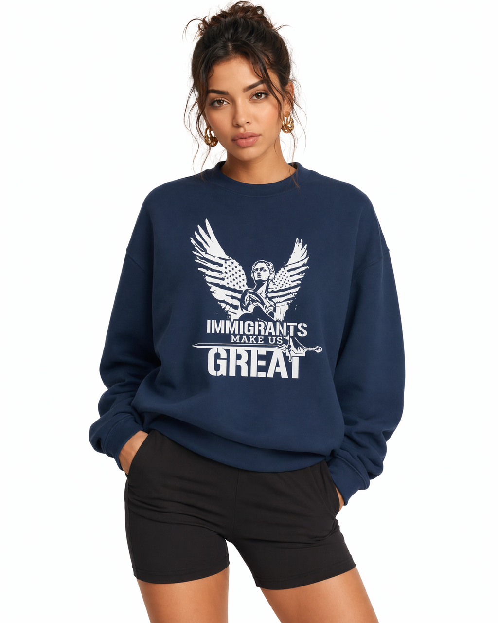 The Sovereign Crewneck Winged Liberty in Navy, worn, chest detail