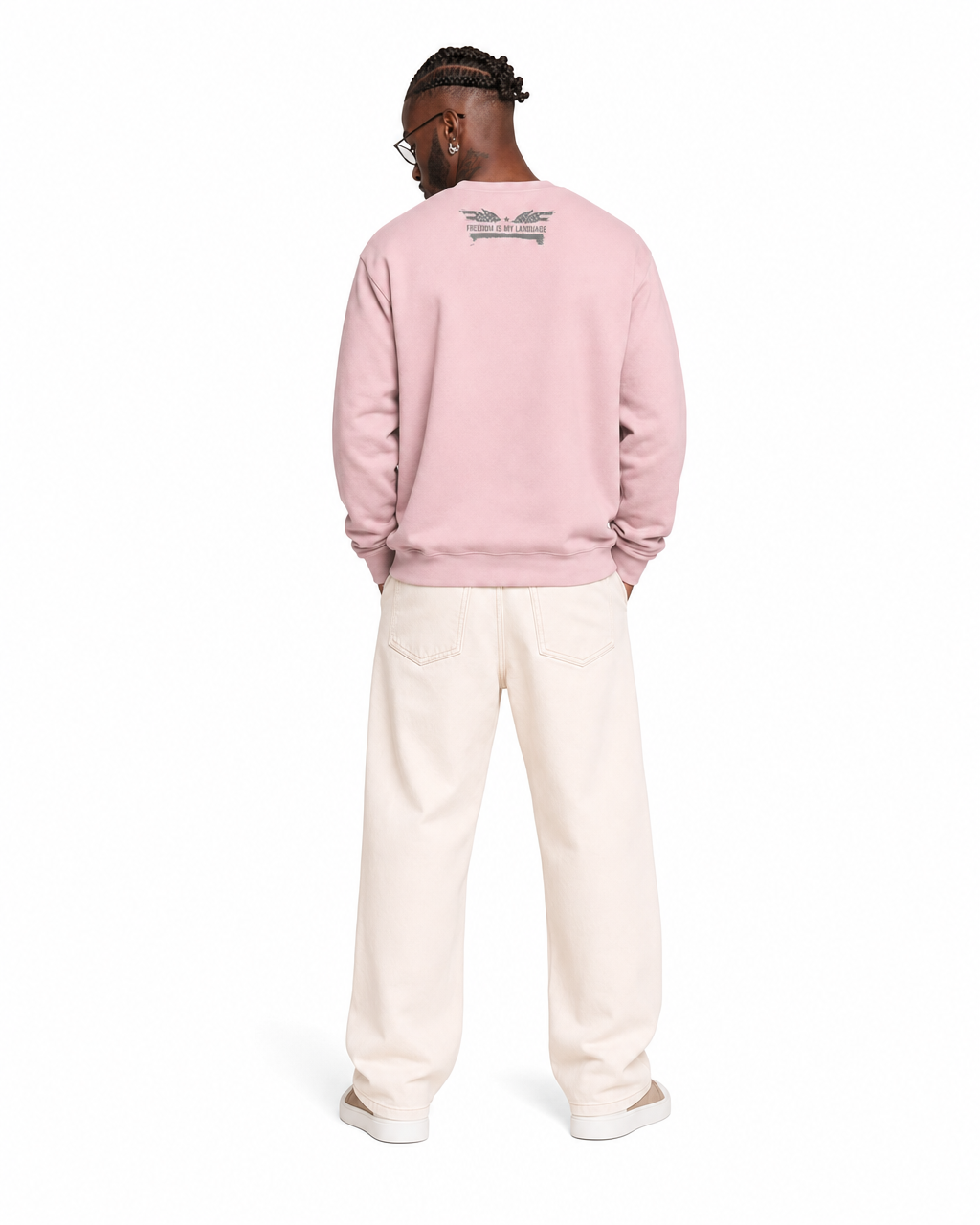 The Sovereign Crewneck Winged Liberty in Rose, worn, back