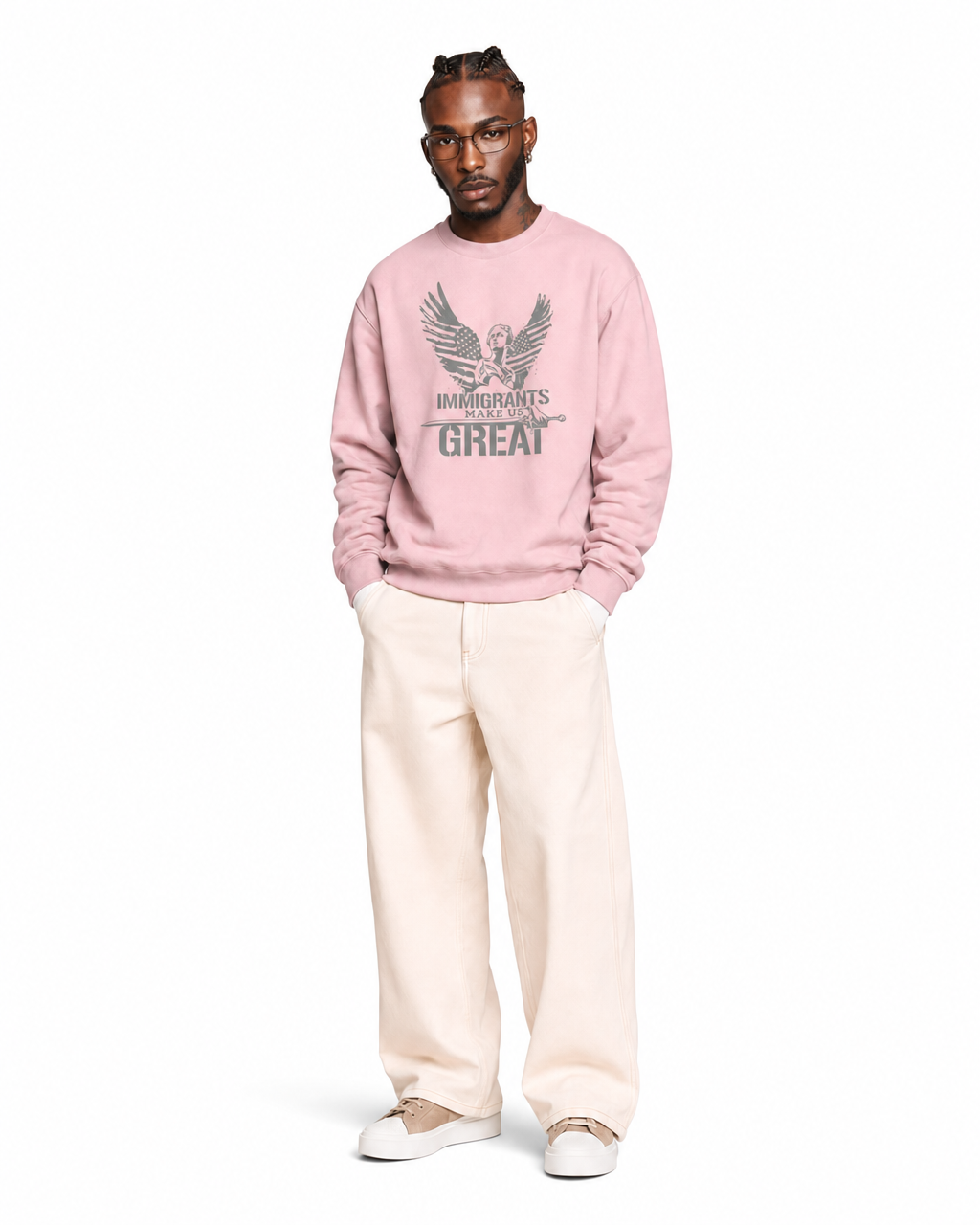 The Sovereign Crewneck Winged Liberty in Rose, worn, front