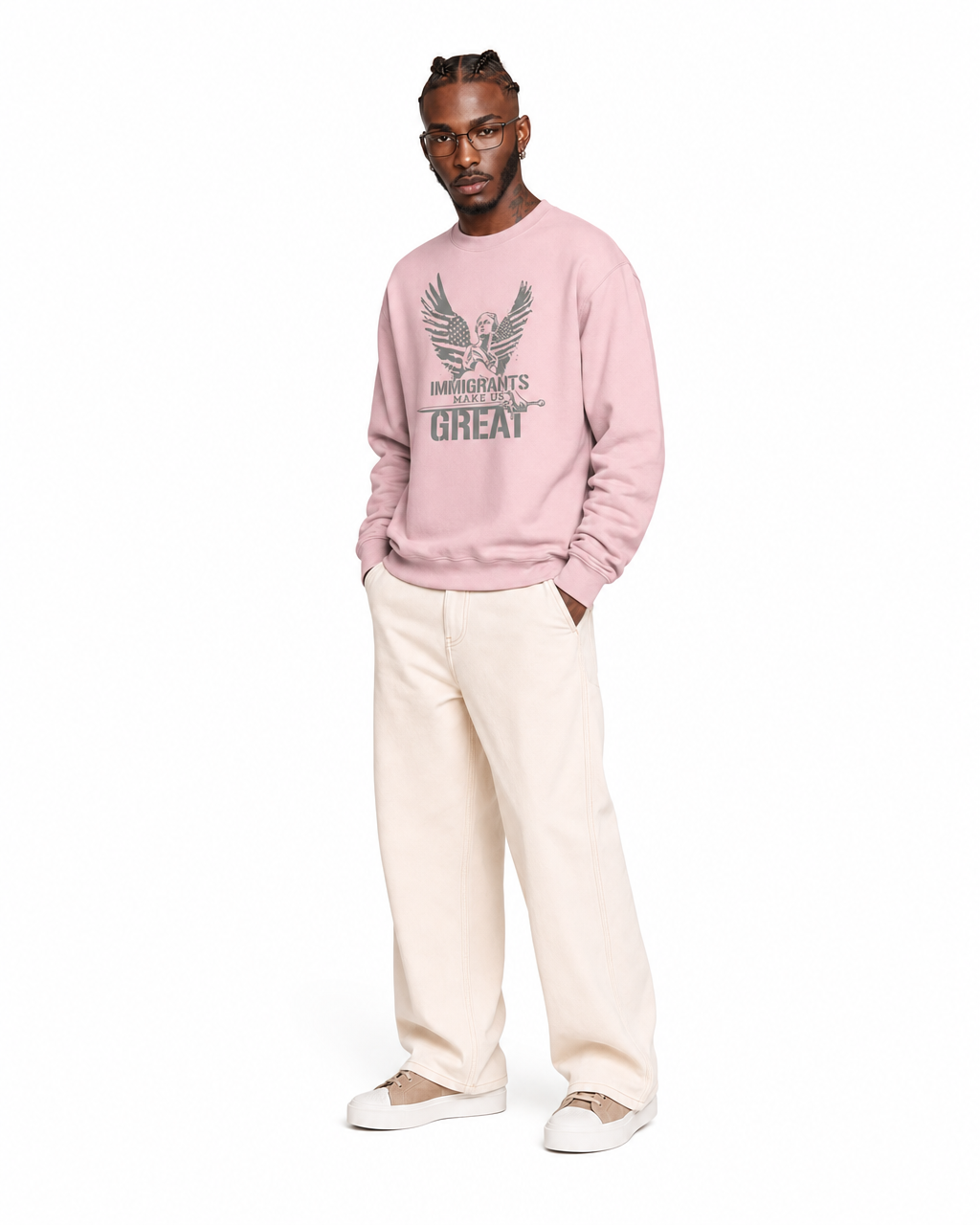 The Sovereign Crewneck Winged Liberty in Rose, worn, three-quarter view