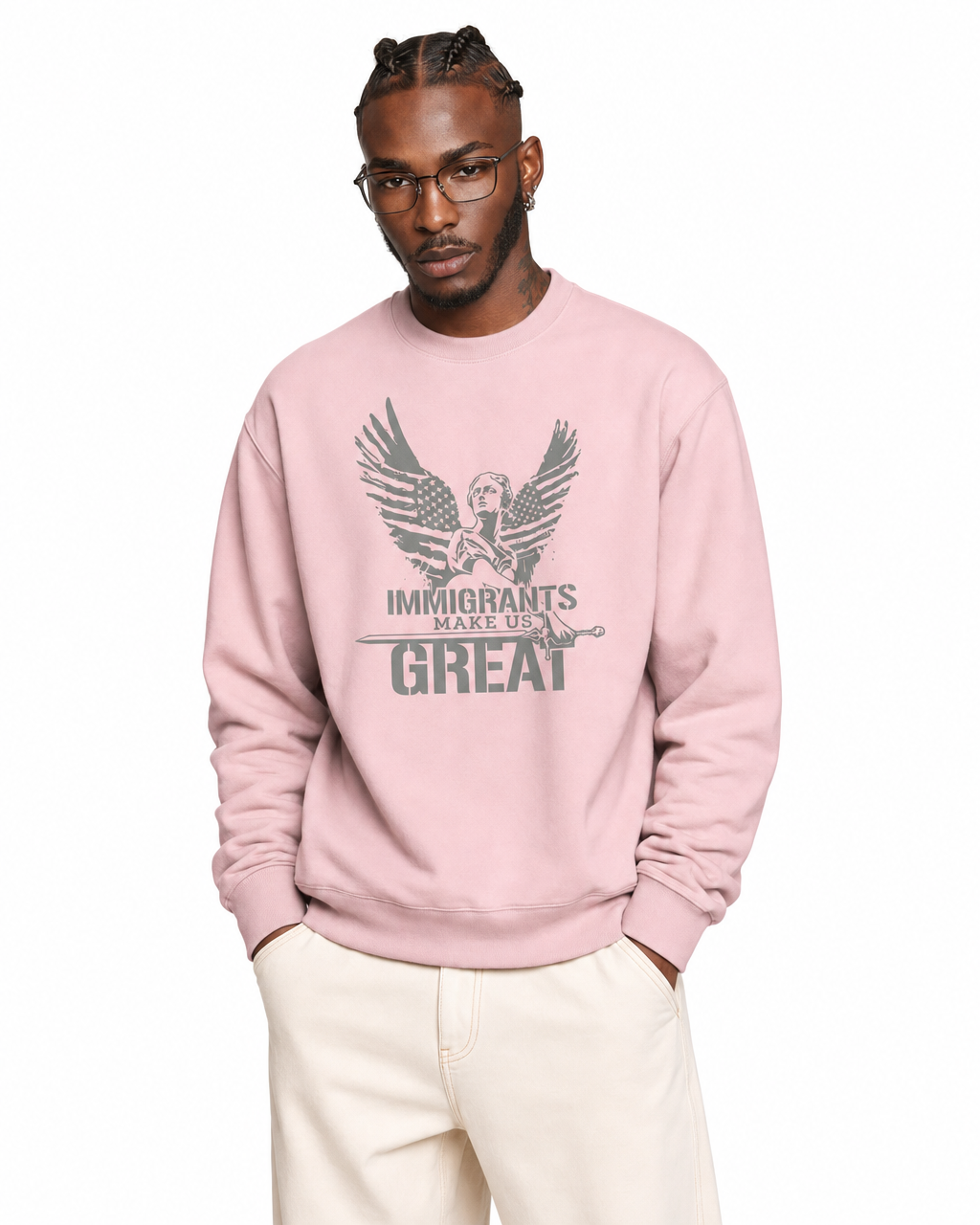 The Sovereign Crewneck Winged Liberty in Rose, worn, chest detail