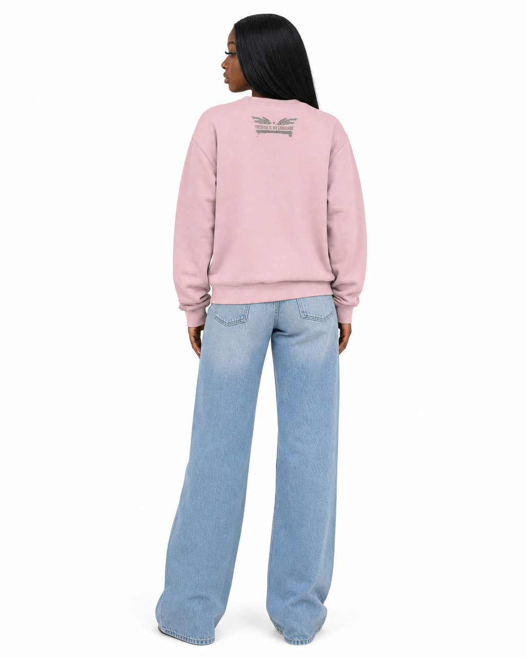 The Sovereign Crewneck Winged Liberty in Rose, worn, back