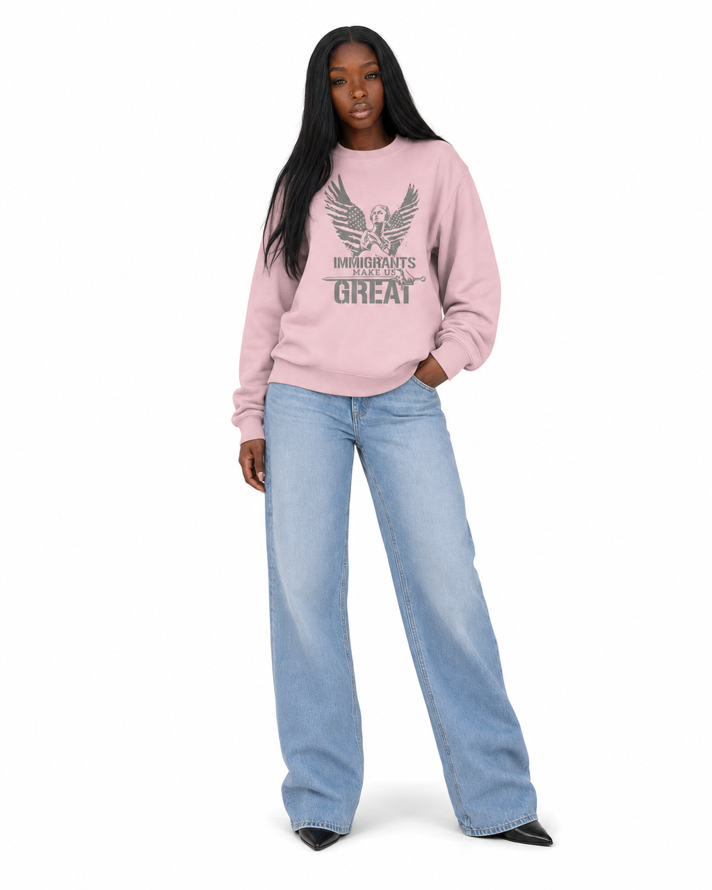 The Sovereign Crewneck Winged Liberty in Rose, worn, front
