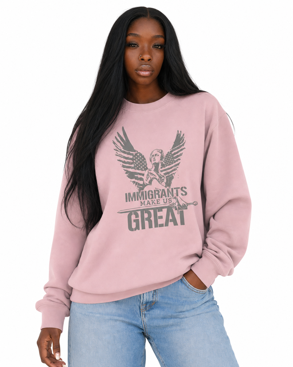 The Sovereign Crewneck Winged Liberty in Rose, worn, chest detail