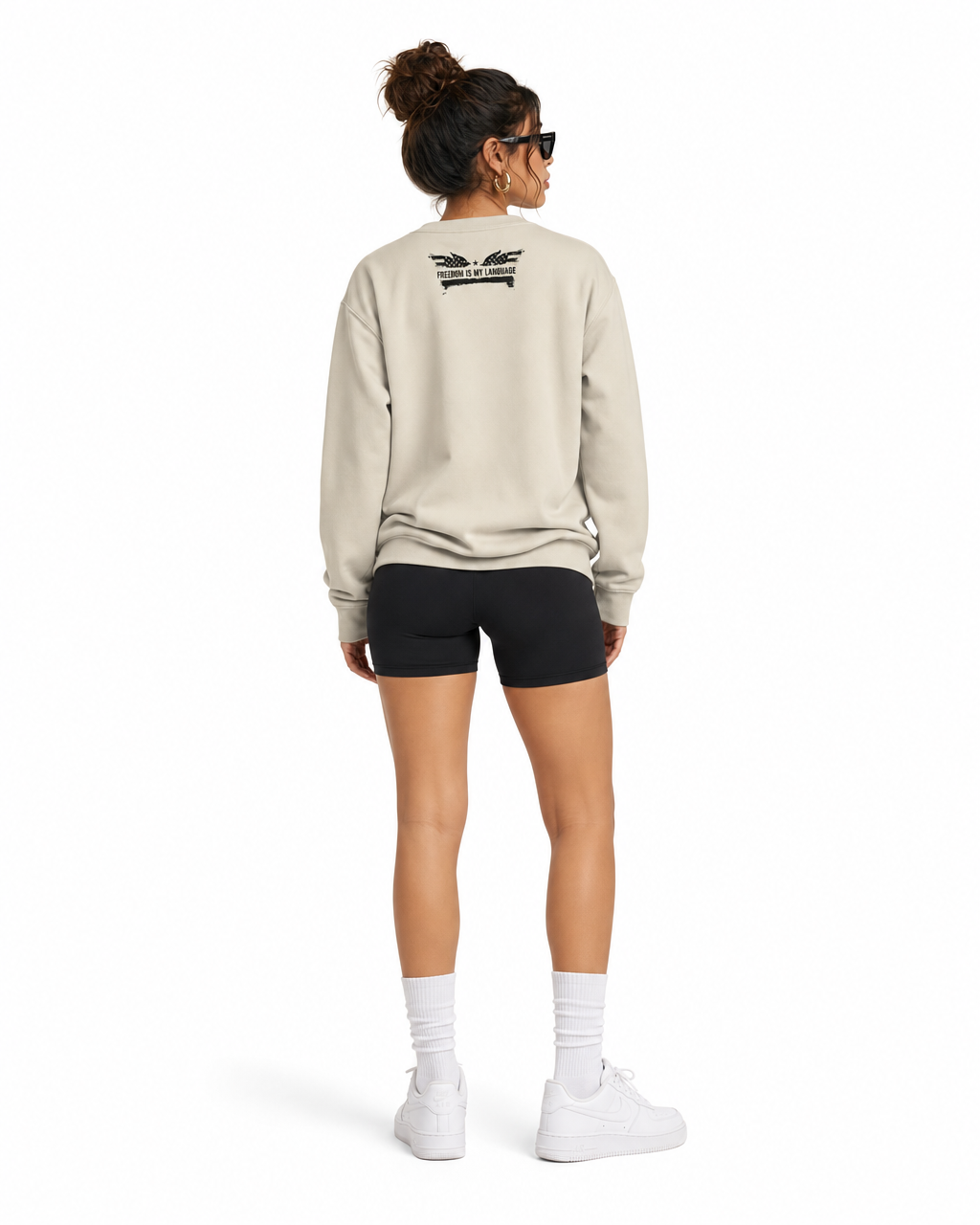 The Sovereign Crewneck Vanguard in Vintage Cream, worn, back