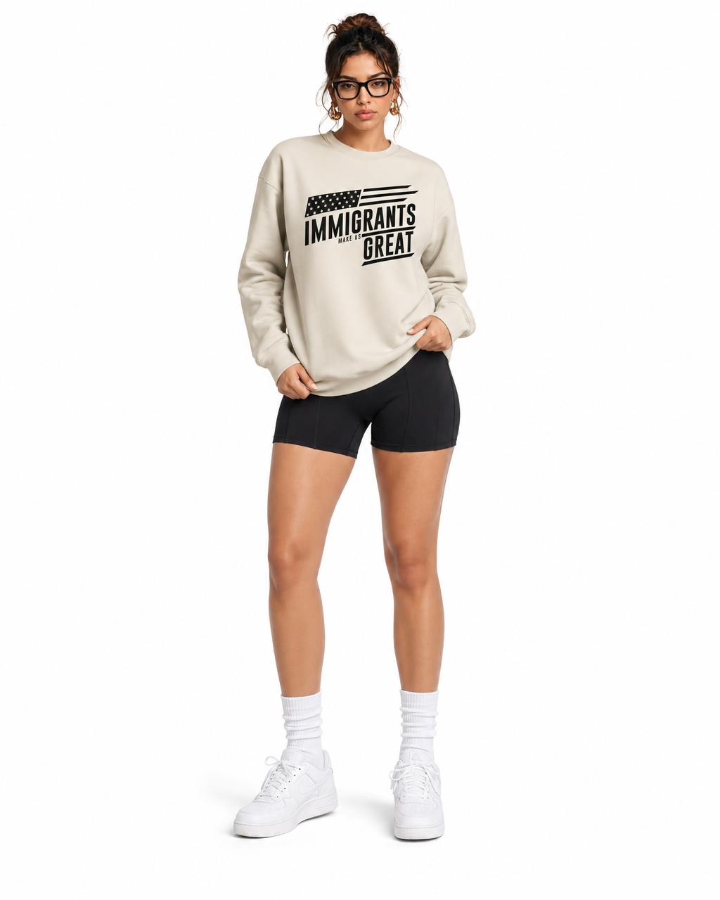 The Sovereign Crewneck Vanguard in Vintage Cream, worn, front
