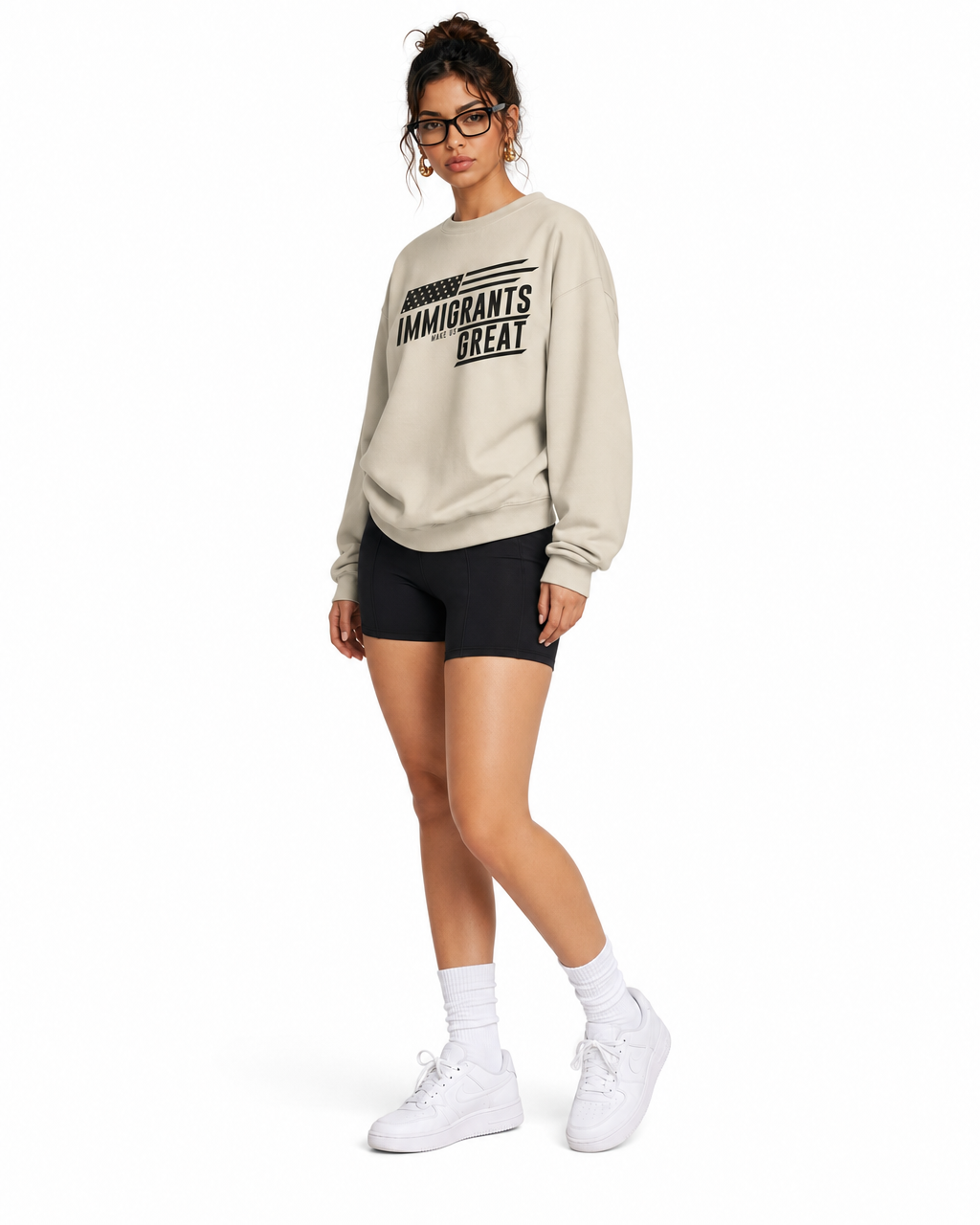 The Sovereign Crewneck Vanguard in Vintage Cream, worn, three-quarter view