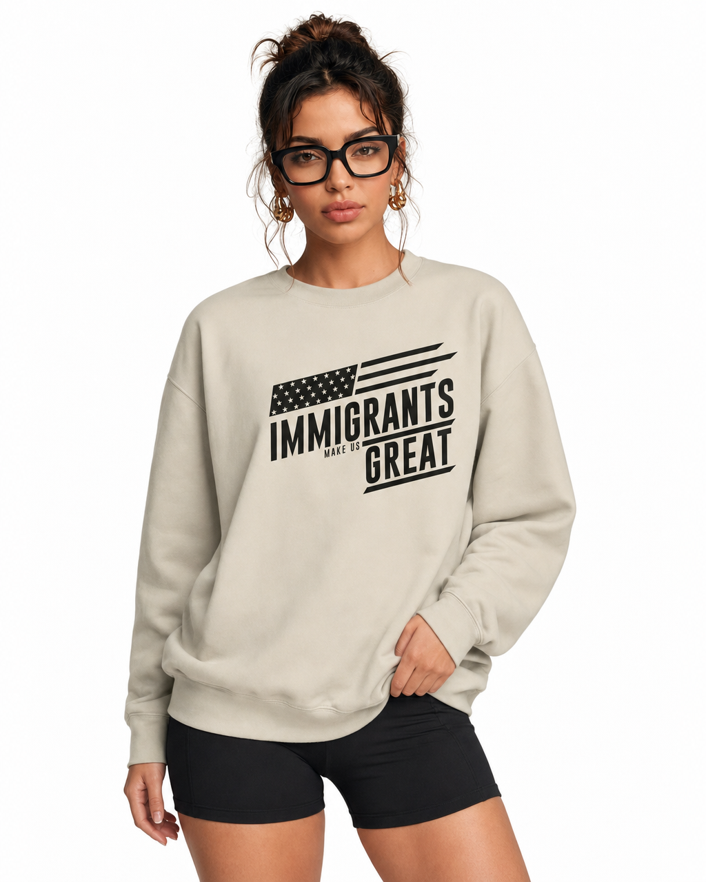 The Sovereign Crewneck Vanguard in Vintage Cream, worn, chest detail