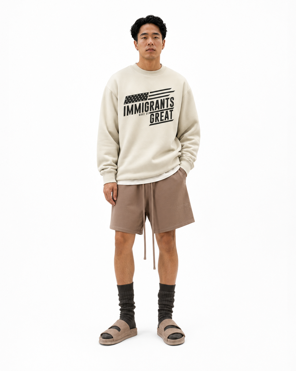 The Sovereign Crewneck Vanguard in Vintage Cream, worn, front