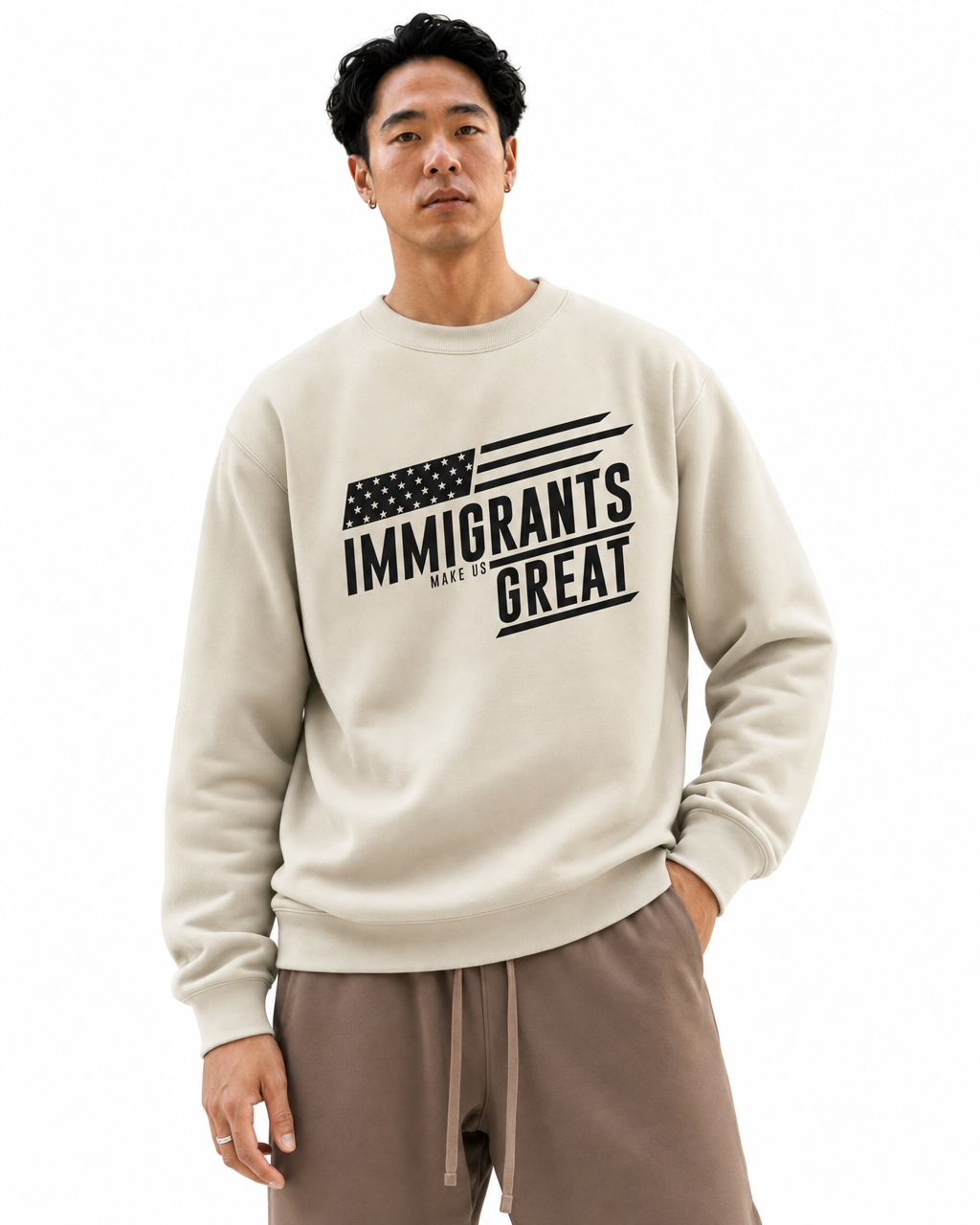 The Sovereign Crewneck Vanguard in Vintage Cream, worn, chest detail